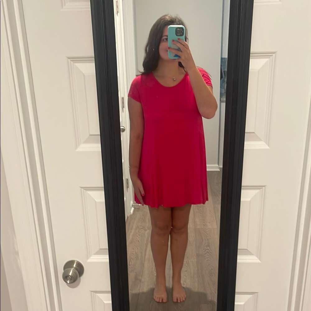 Comfy Soft and Stretchy Vibrant Pink cap sleeve Dress with pockets